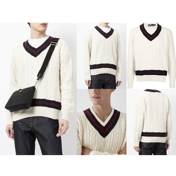 Polo Ralph Lauren P Wing Cable Knit Wool V-Neck Varsity Sweater Men's Size M NWT - Picture 4 of 6